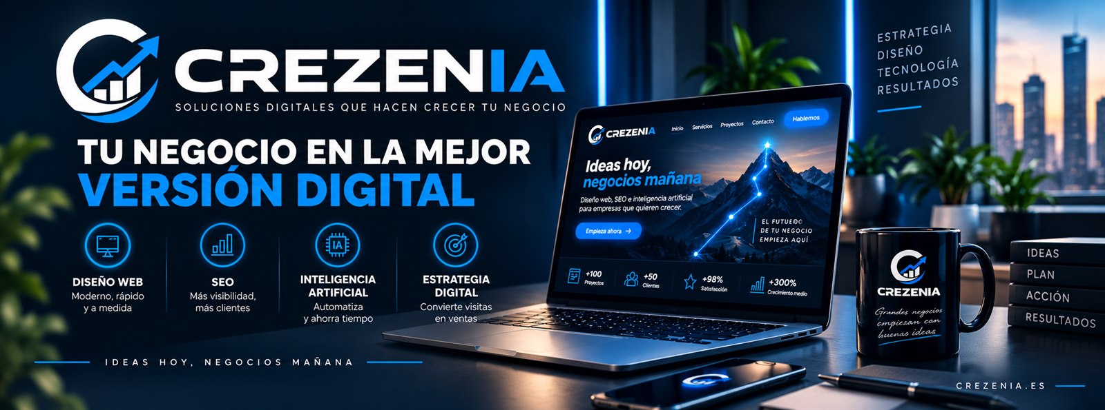 Imagen de Crezenia con un portátil mostrando una página web profesional