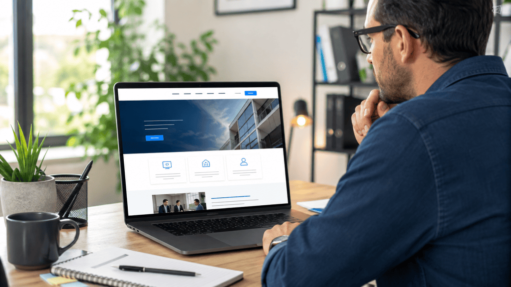 Autónomo revisando en un portátil una página web profesional para su negocio