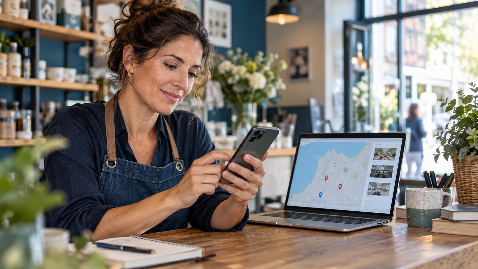 Negocio local de Pontevedra revisando su presencia en Google Maps desde un portátil