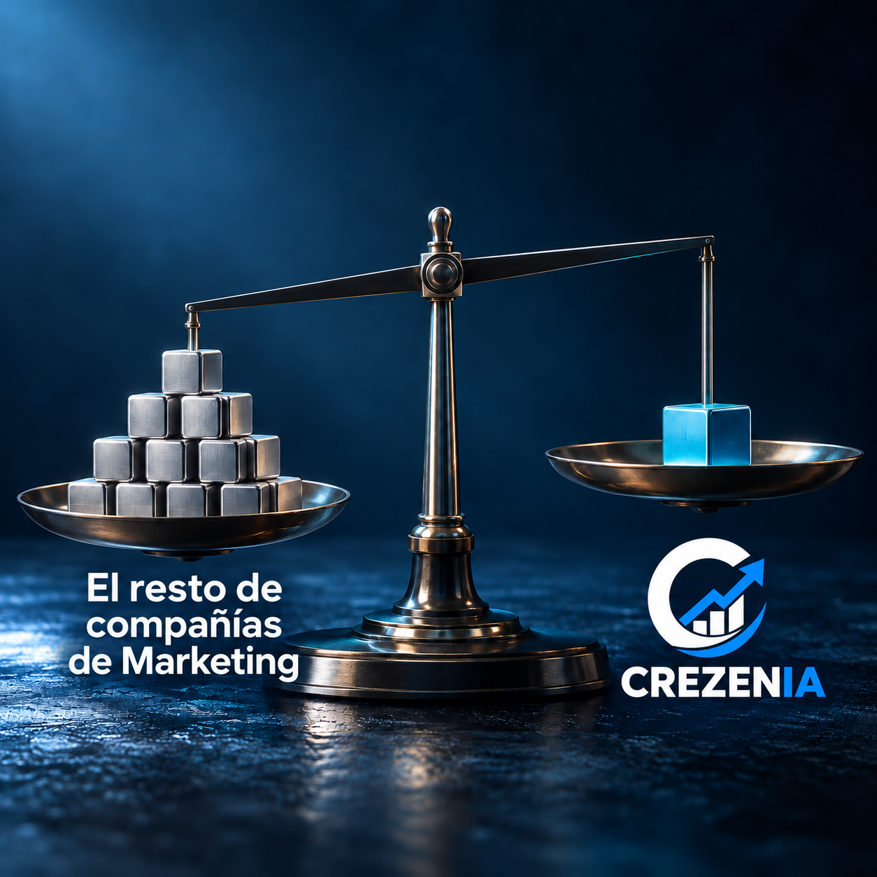 Balanza conceptual con varios cubos metálicos sobre las compañías de marketing y un cubo azul sobre el logo de Crezenia.