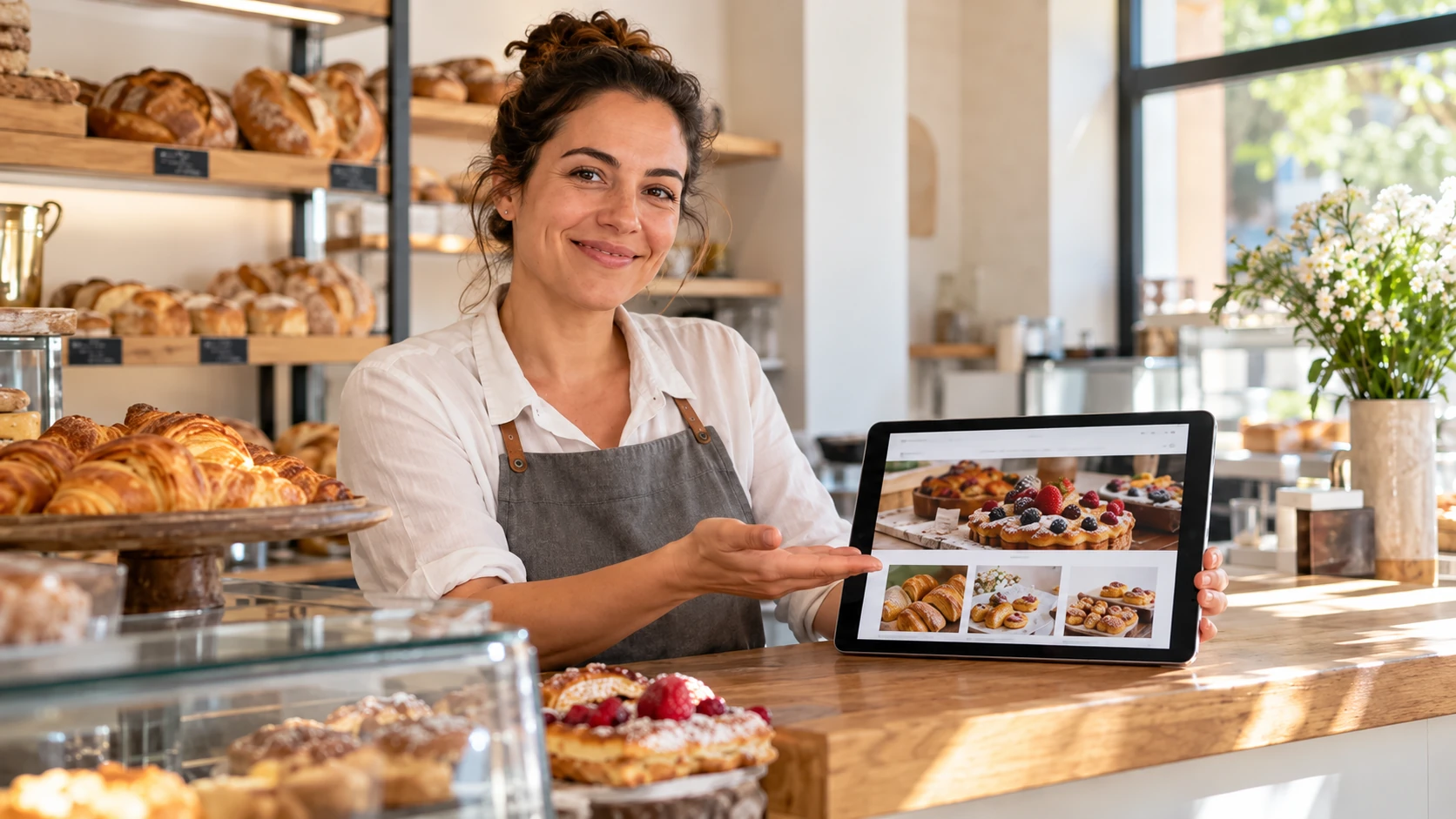 Responsable de una panadería muestra la página web de su negocio en una tableta.